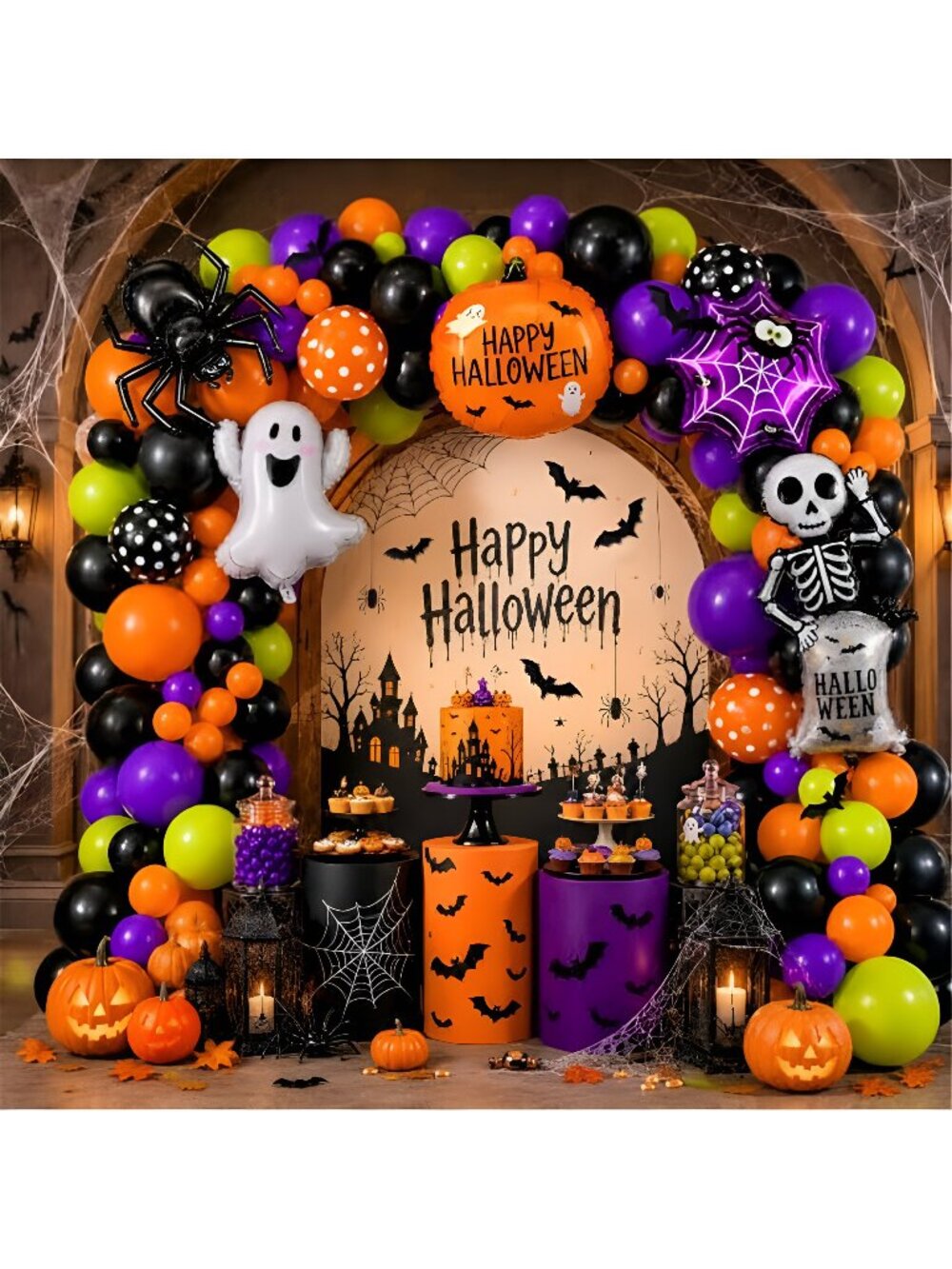 108Pcs Halloween Balloon Arch Kit with Spider Ghost Pumpkin Foil Balloons